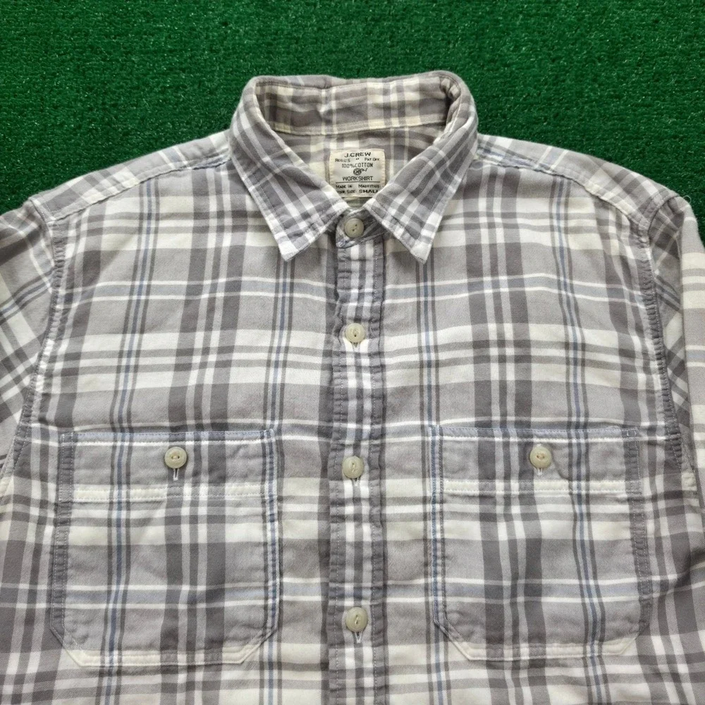 J Crew Workshirt Mens Small Grey White Plaid Flannel Long Sleeve Button Up